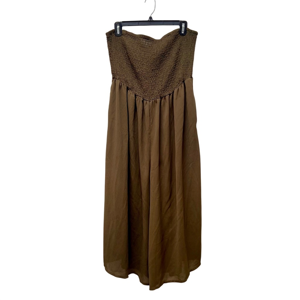 Pinup Fashion Womens Olive Green Smocked Strapless Wide Leg Jumpsuit Size 18W